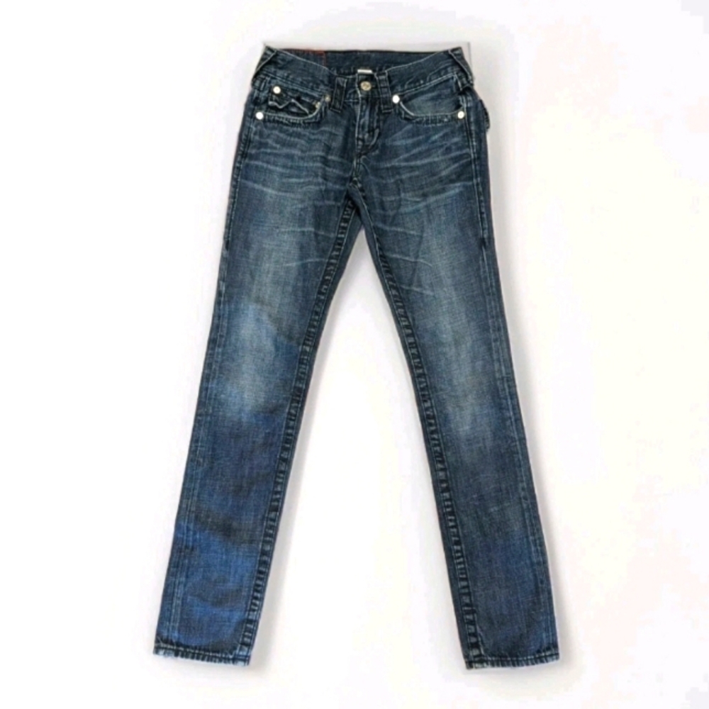 True Religion Skinny Flap Jeans Women’s Size 27 – Blue Stitching, Button Pockets